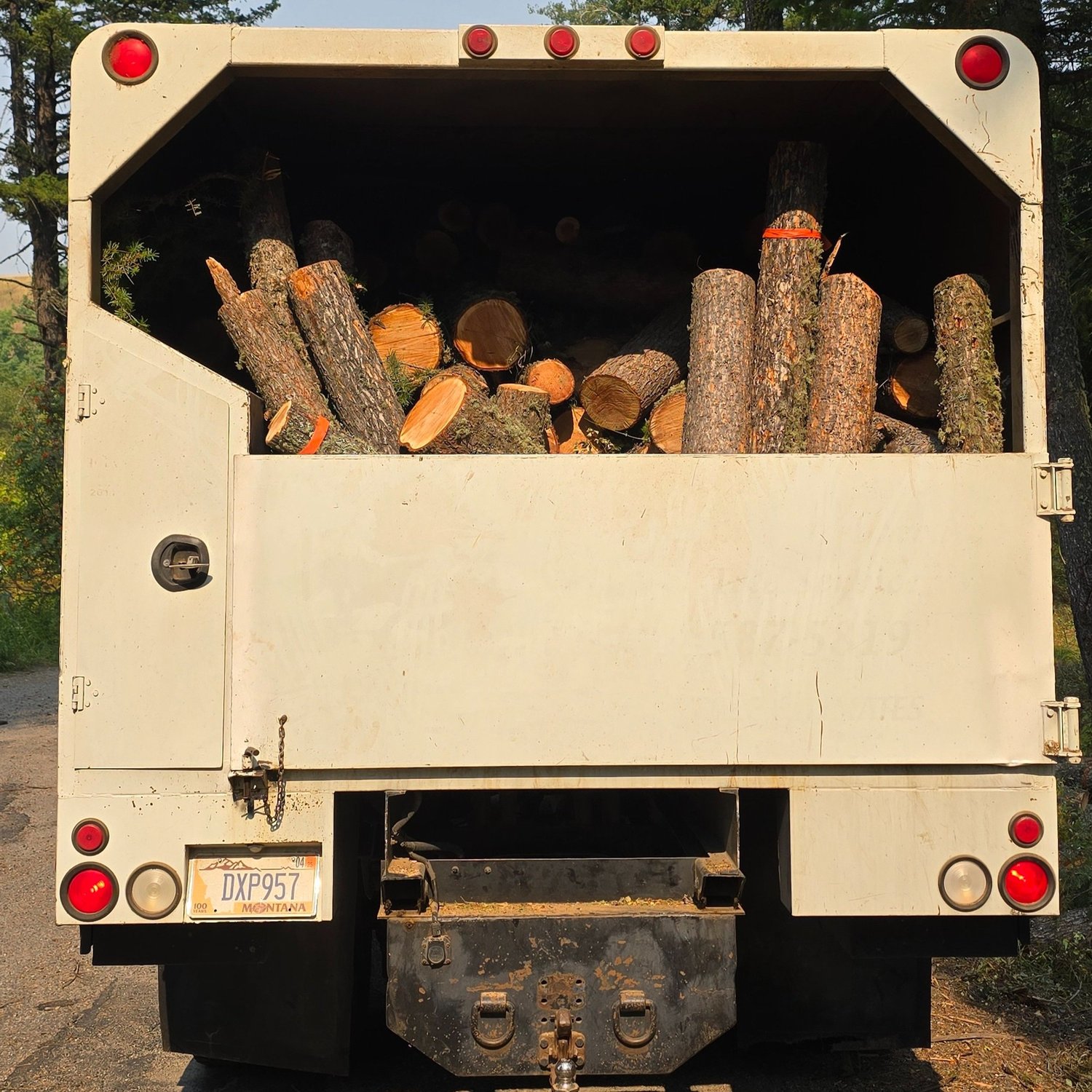 Back of a wood delivery truck filled with chopped logs.