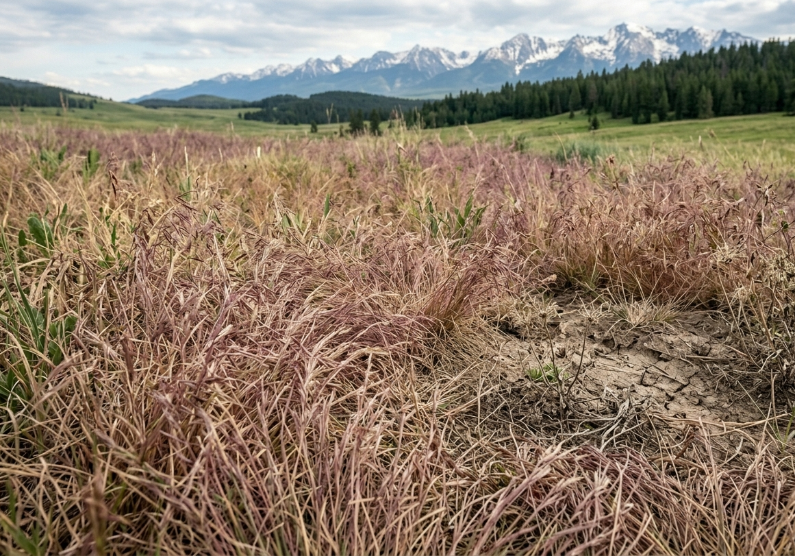 Dense invasive cheatgrass and noxious weeds taking over bare ground on a Montana property