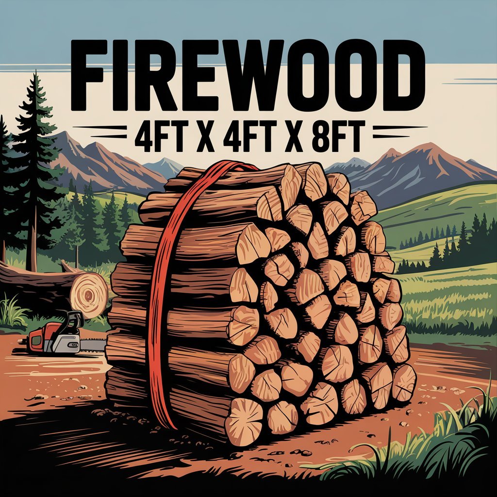 Firewood cord illustration showing 4ft by 4ft by 8ft stack dimensions