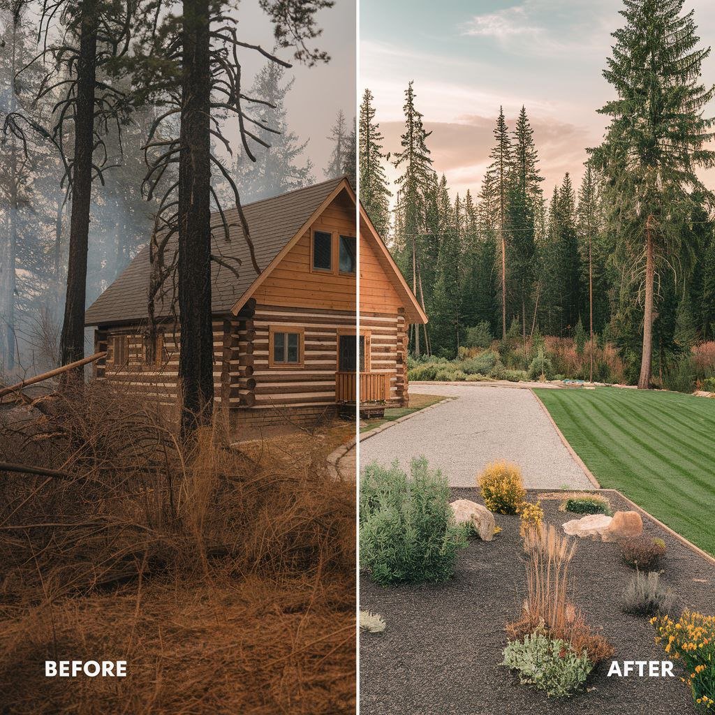 Side-by-side images of a forest setting; the left shows a smoky, burned forest with a damaged log cabin, while the right shows a clean, landscaped yard with a gravel pathway and green lawn.