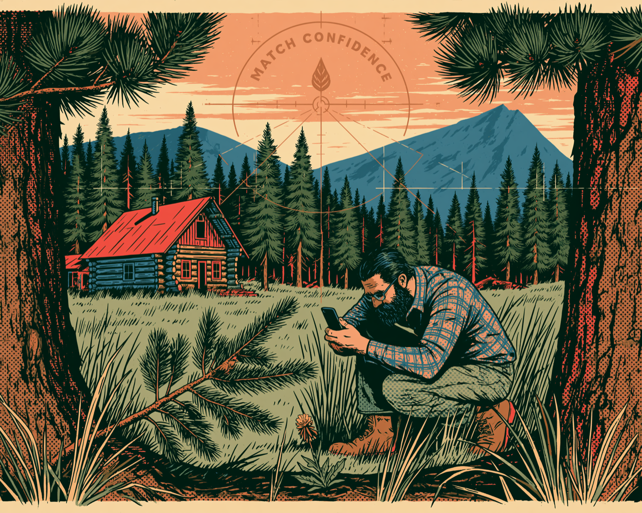 Illustrated Montana homestead at the forest edge with a homesteader photographing a plant for species identification