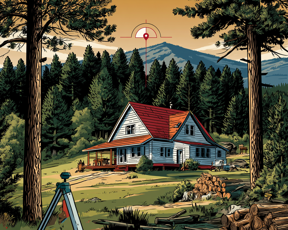 Illustrated Montana home at the forest edge with wildfire risk gauge