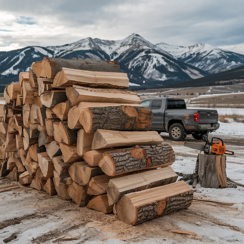 Cord of wood stacked showing 4 by 4 by 8 foot dimensions
